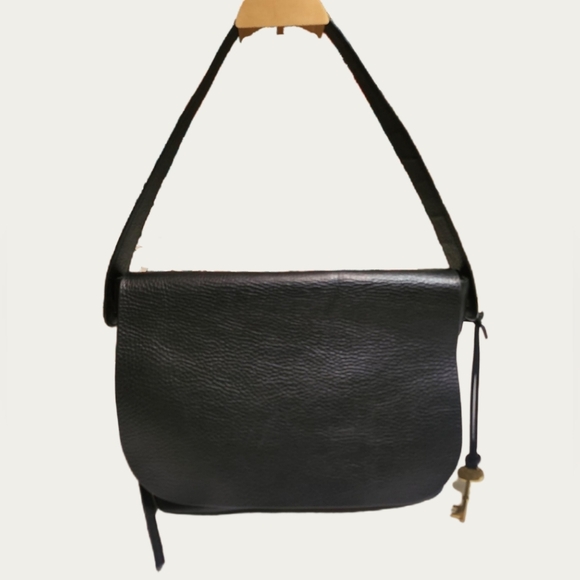 Fossil Black PEBBLED Leather FLAP Shoulder Bag, EUC - Picture 3 of 17